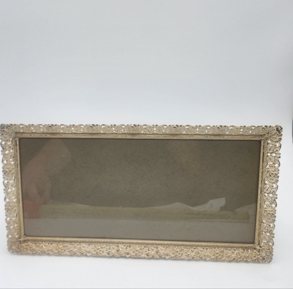 Vintage brass whitewashed photo picture frame 16" x 9" filigree ornate metal
